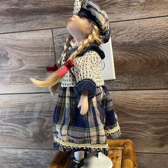 Vintage Porcelain Kissing Doll , Blonde Braids, Blue Plaid Dress 15” - Picture 6 of 8